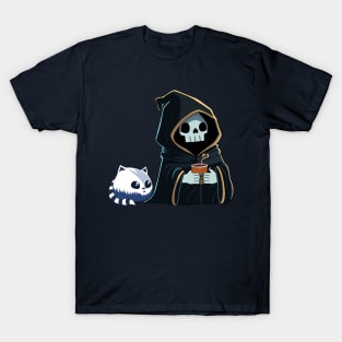 Cute Grim Reaper with Cat Having Coffee T-Shirt